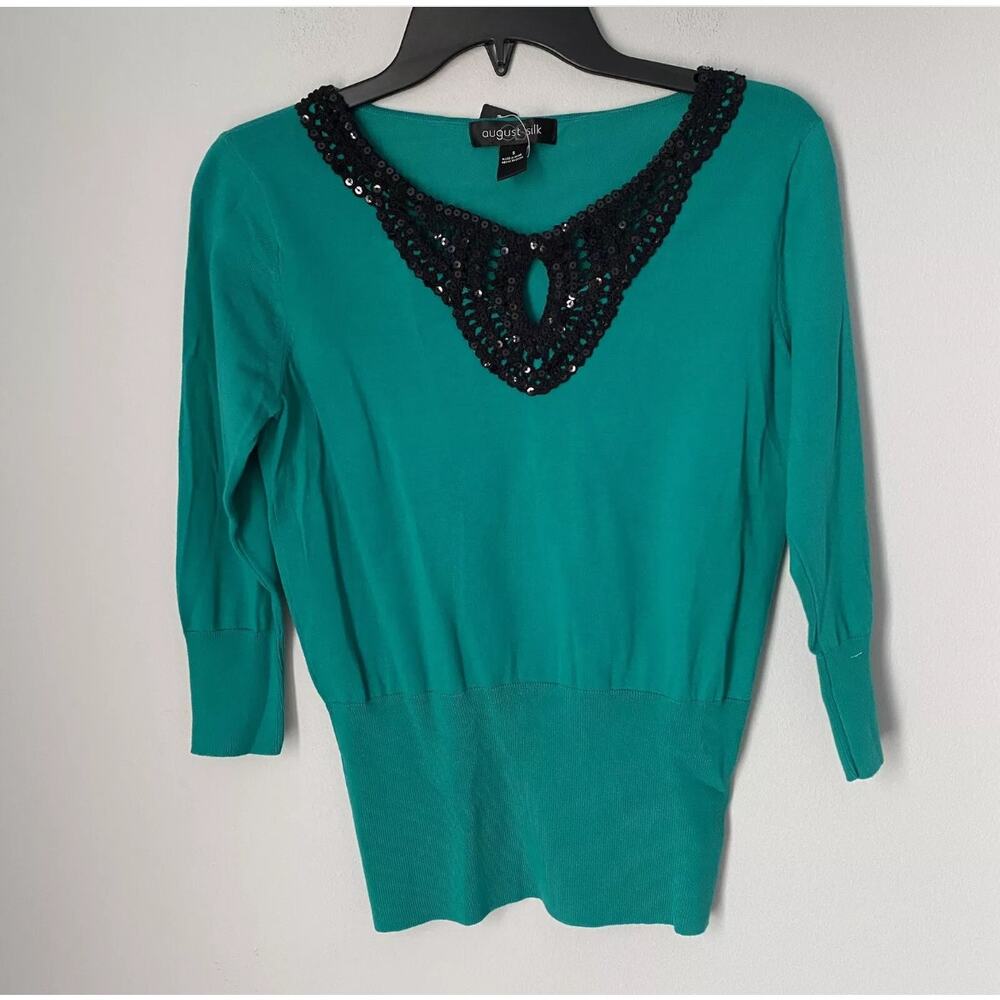 August Silk Women's Green Knit Sweater, Black Sequin Collar & 3/4 Sleeves, Large - Picture 2 of 12